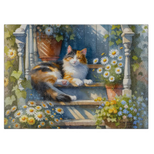 Planche À Découper Chat calicot sur la véranda florale Cottagecore