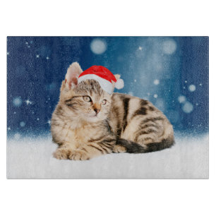 Planche À Découper Chat mignon portant chapeau de Noël rouge neige