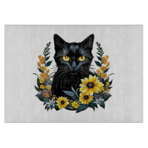 Planche À Découper chat noir avec fleurs