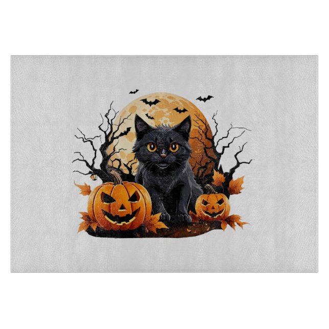 Planche À Découper Chat noir entouré de citrouilles (Devant)