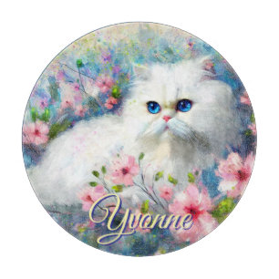 Planche À Découper Chat Persan Yeux Bleus dans Fleurs Roses Personnal