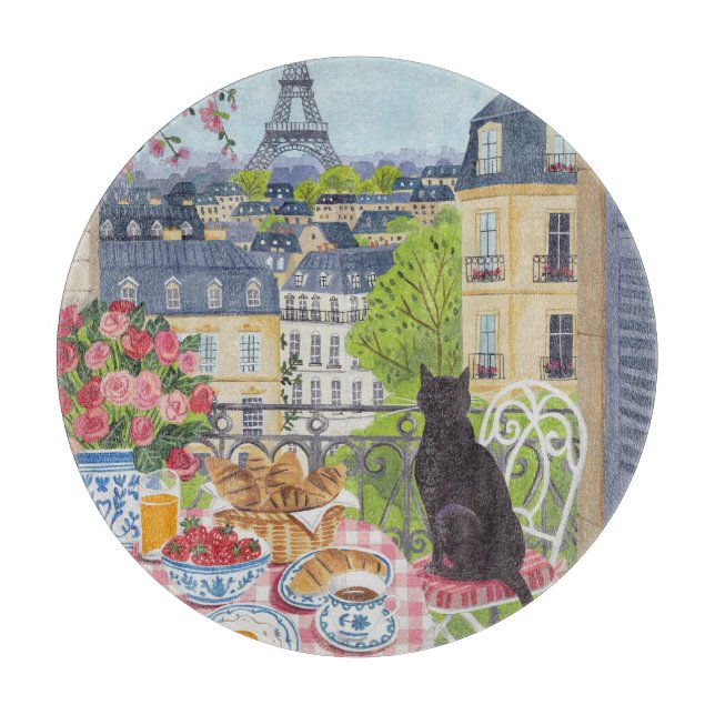 Planche À Découper Chat petit-déjeuner sur le balcon Paris Tour Eiffe (Devant)
