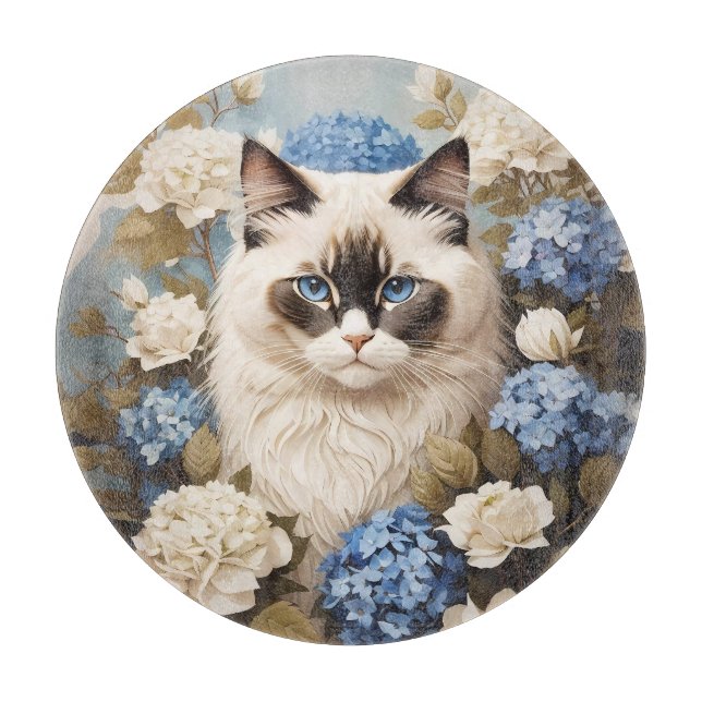 Planche À Découper Chat Ragdoll Avec Fleurs Bleues D'Hydrangée (Devant)