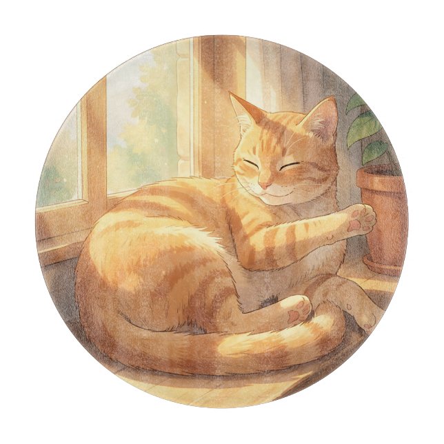 Planche À Découper Chat roux tabby confortable au soleil  (Devant)