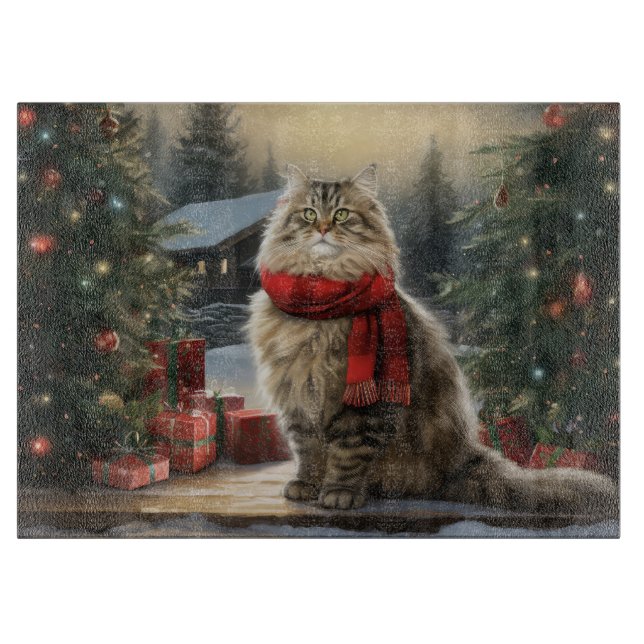 Planche À Découper Chat sibérien à Noël sous la neige (Devant)