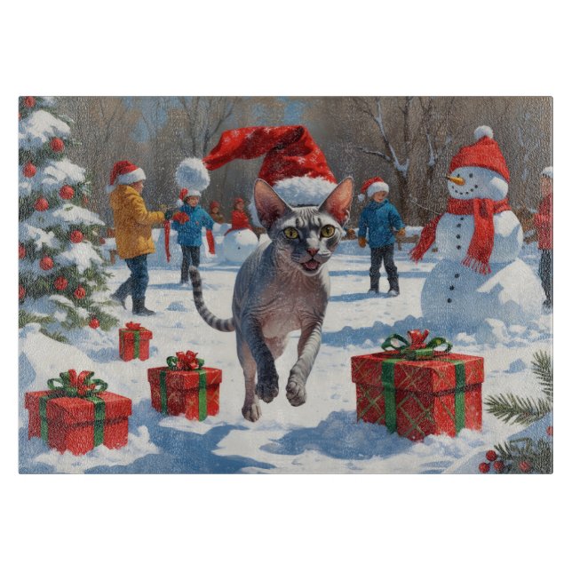 Planche À Découper Chat Sphynx courant dans la neige avec un chapeau  (Devant)