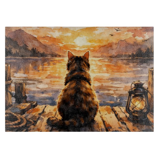 Planche À Découper Chat sur le quai au coucher du soleil (Devant)