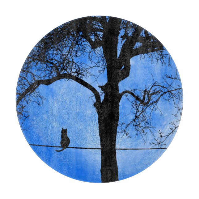 Planche À Découper Chat sur un verre lune bleu fil (Devant)