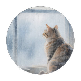 Planche À Découper Chat Tigré Aquarelle Fenêtre Pluvieuse