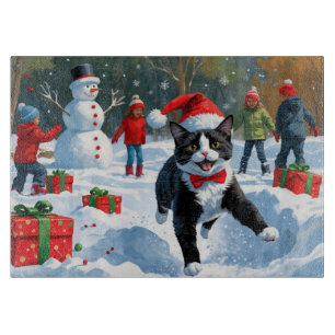 Planche À Découper Chat Tuxedo Courant dans la Neige avec un Chapeau 