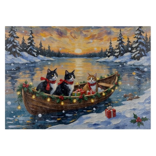 Planche À Découper Chat Tuxedo Noël Bateau Fêtes (Devant)