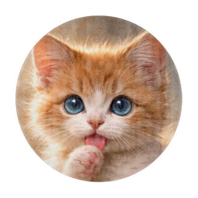 Planche À Découper Chaton aux yeux bleus se léchant la patte (Devant)
