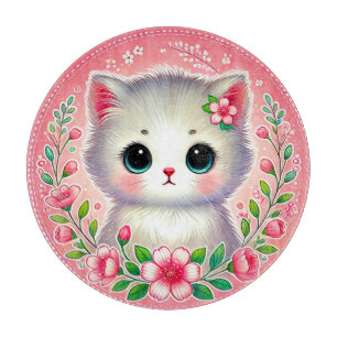 Planche À Découper Chaton Blanc Adorable Entouré de Fleurs Roses