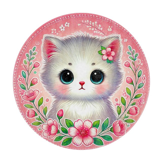 Planche À Découper Chaton Blanc Adorable Entouré de Fleurs Roses (Devant)