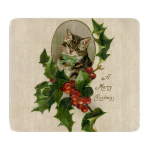 Planche À Découper Chaton de Noël victorien au houx antique tabby