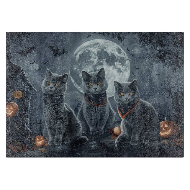 Planche À Découper Chats Bleus Russes Halloween Effrayant (Devant)