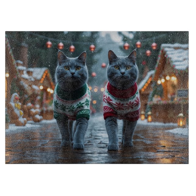 Planche À Découper Chats Bleus Russes Noël Neige Fêtes  (Devant)