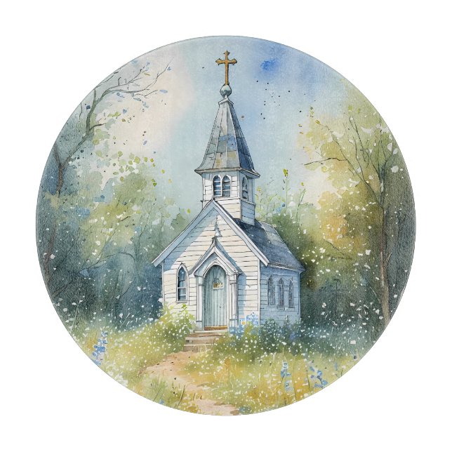 Planche À Découper Chemin rustique d'église dans une prairie de fleur (Devant)