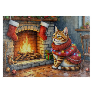 Planche À Découper Cheminée allumée abyssin avec lumières de Noël