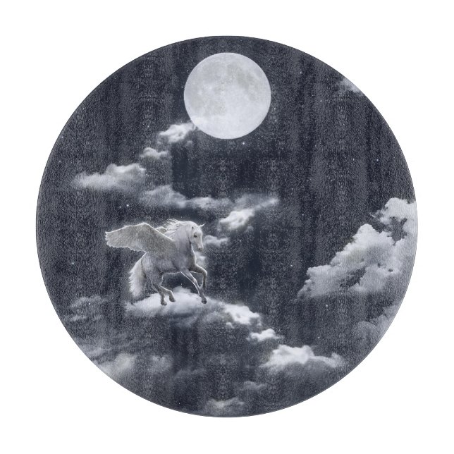 Planche À Découper Cheval ailé blanc : ciel illuminé par la lune. (Devant)