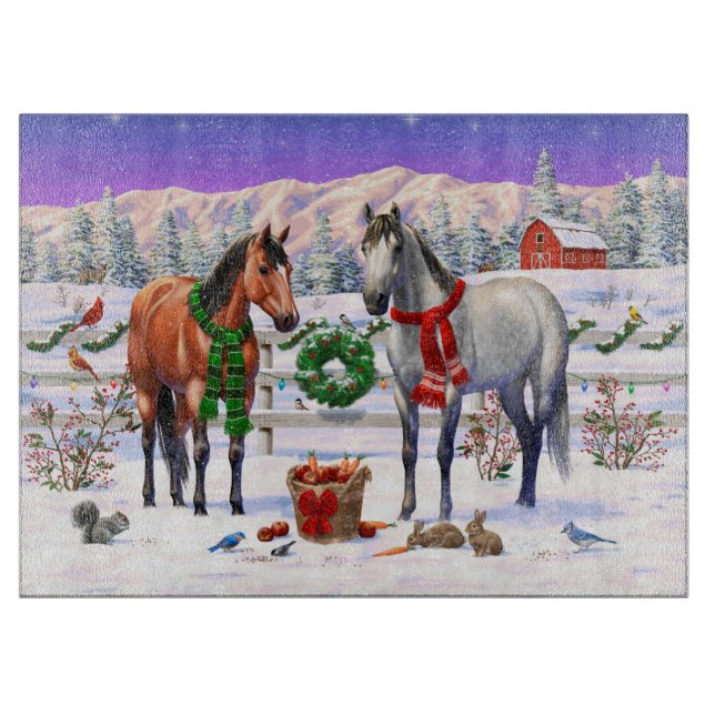 Planche À Découper Chevaux de Noël en neige (Devant)