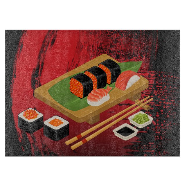 Planche À Découper Chic Élégant Moderne Sushi Noir & Rouge (Devant)