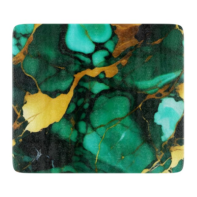 Planche À Découper Chic Elegant vert foncé jaune Faux Marble (Devant)