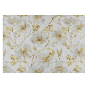 Planche À Découper Chic Fleurs Blanches Dorées Mariage