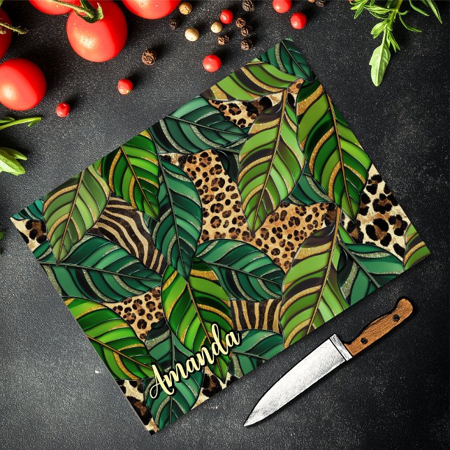 Planche À Découper Chic Léopard Monogramme Feuilles de Monstera (Créateur téléchargé)