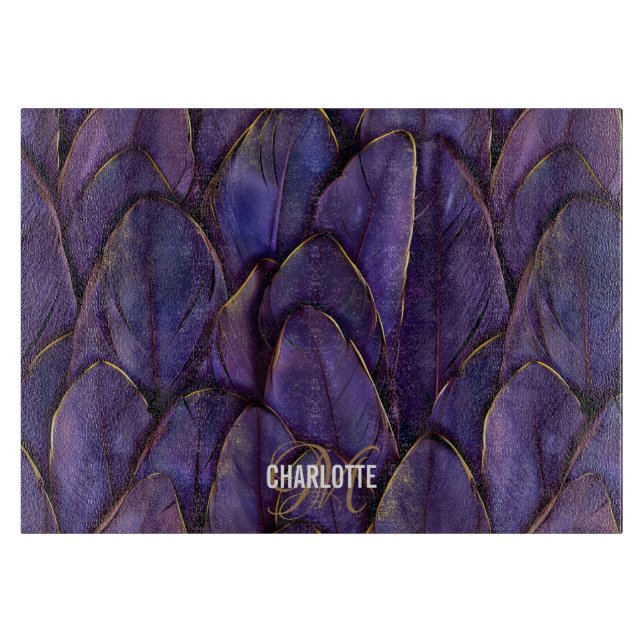 Planche À Découper Chic purple gold feathers monogram name (Devant)