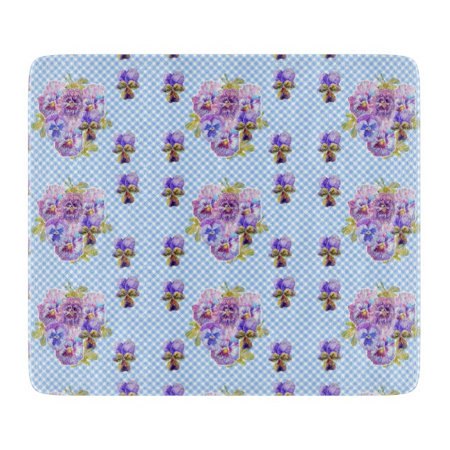 Planche À Découper Chic Shabby Pansy Floral Blue En vichy Chèques (Devant)