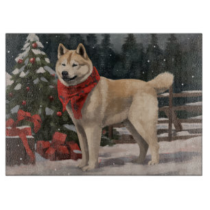 Planche À Découper Chien Akita dans la neige de Noël