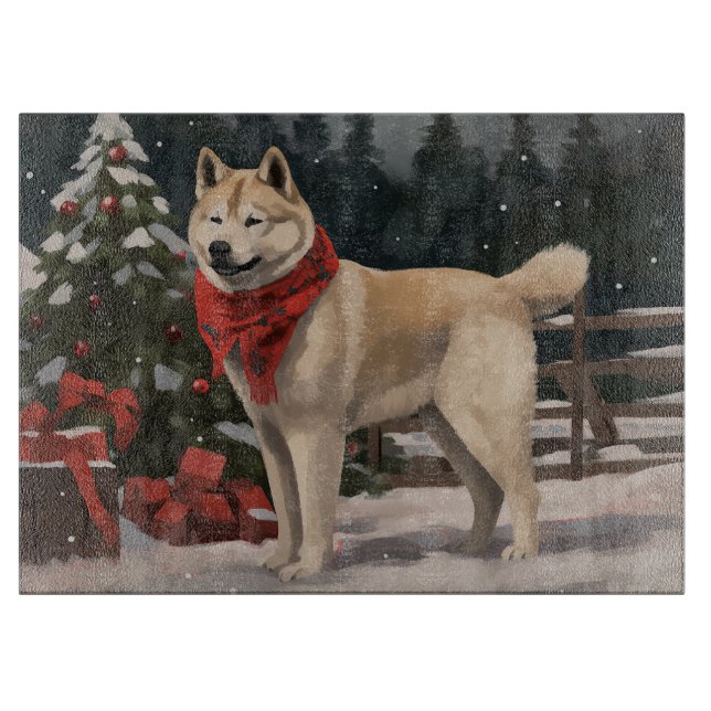 Planche À Découper Chien Akita dans la neige de Noël (Devant)
