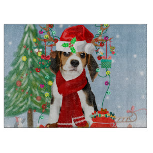 Planche À Découper Chien beagle en neige avec cadeaux de Noël
