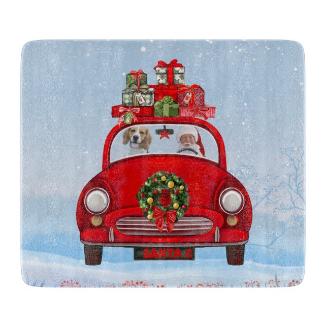 Planche À Découper Chien beagle En Voiture Avec Le Père Noël (Devant)