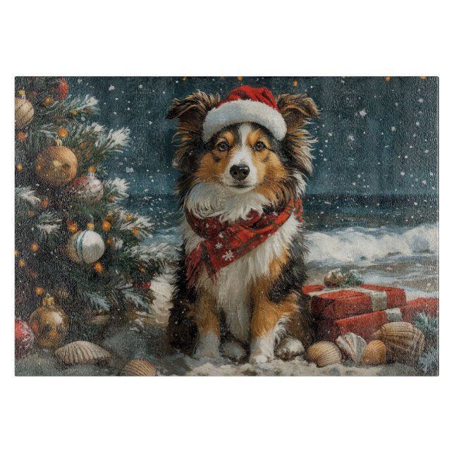 Planche À Découper Chien de Berger des Shetland Noël Vintage Plage (Devant)