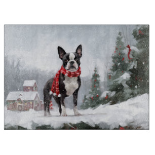 Planche À Découper Chien de Boston Terrier pendant Noël de neige