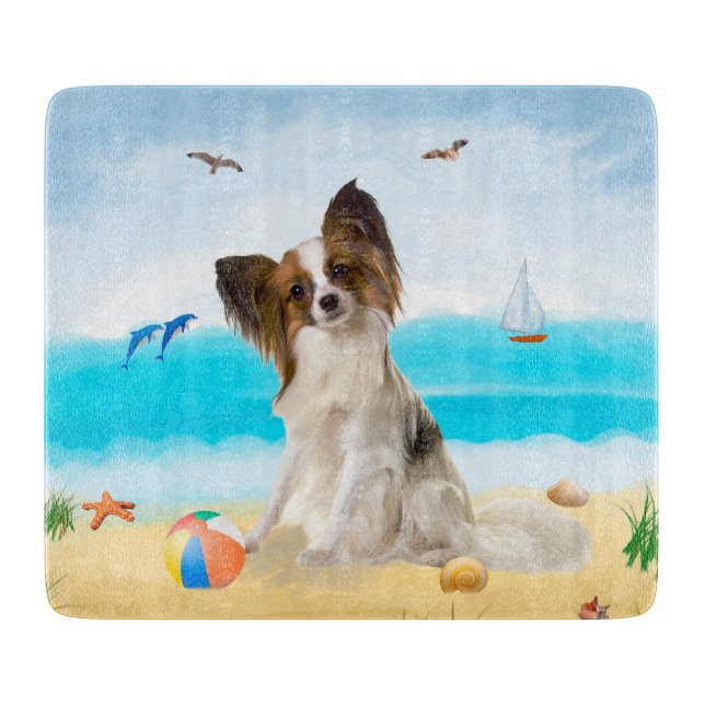 Planche À Découper Chien de Papillon sur la plage (Devant)