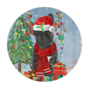 Planche À Découper Chien de taureau français en neige avec cadeaux de