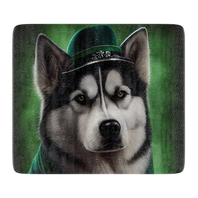 Planche À Découper Chien Malamute d'Alaska en tenue de la Saint-Patri (Devant)