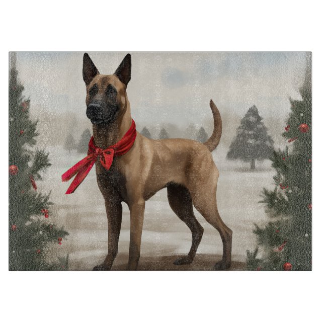 Planche À Découper Chien Malinois Belge dans la neige Noël (Devant)