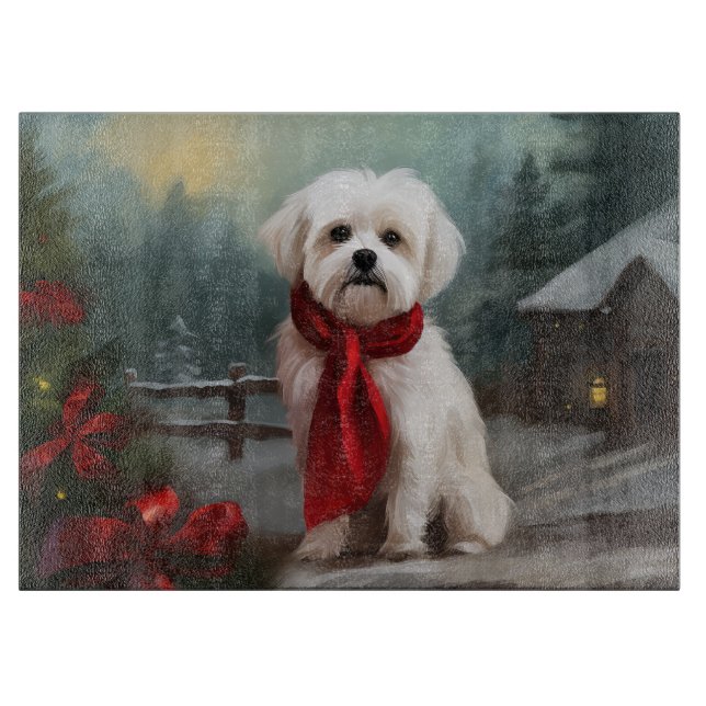 Planche À Découper Chien maltais dans la neige de Noël (Devant)