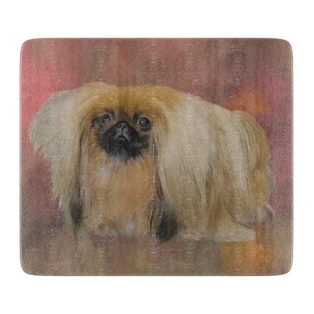 Planche À Découper Chien Pékinois sur Fond Abstrait Mauve (Devant)