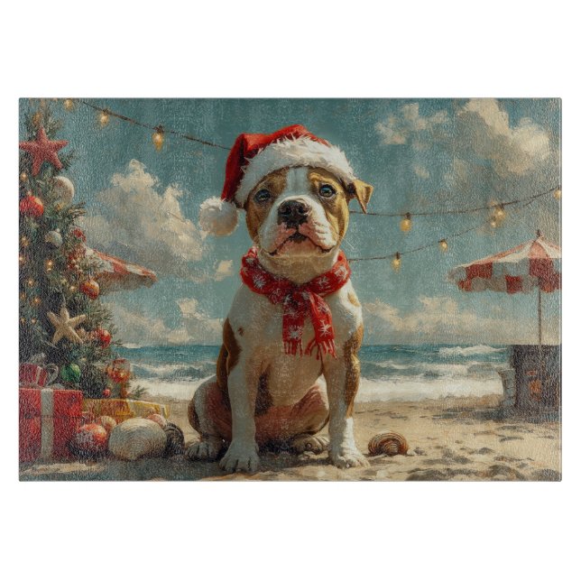 Planche À Découper Chien Pitbull Noël Vintage Plage (Devant)