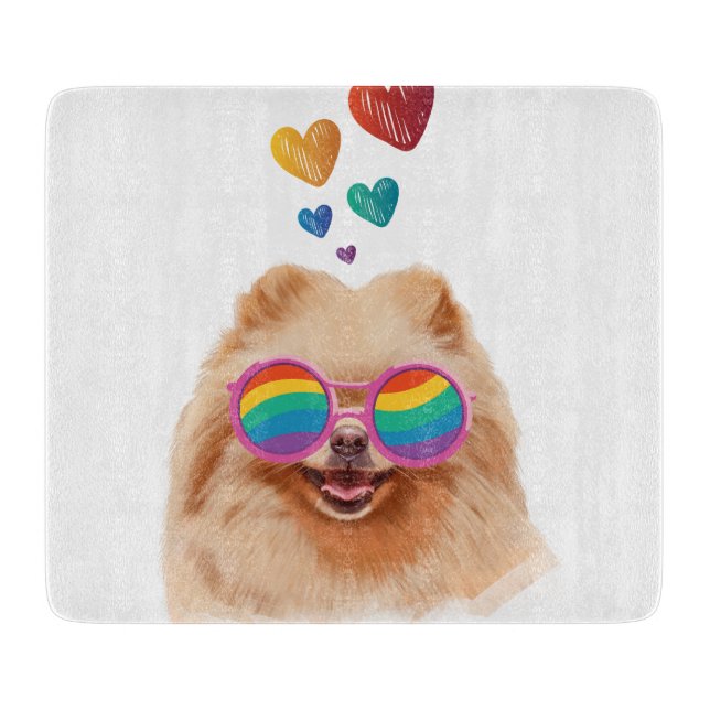 Planche À Découper Chien Poméranie avec coeurs Saint-Valentin (Devant)