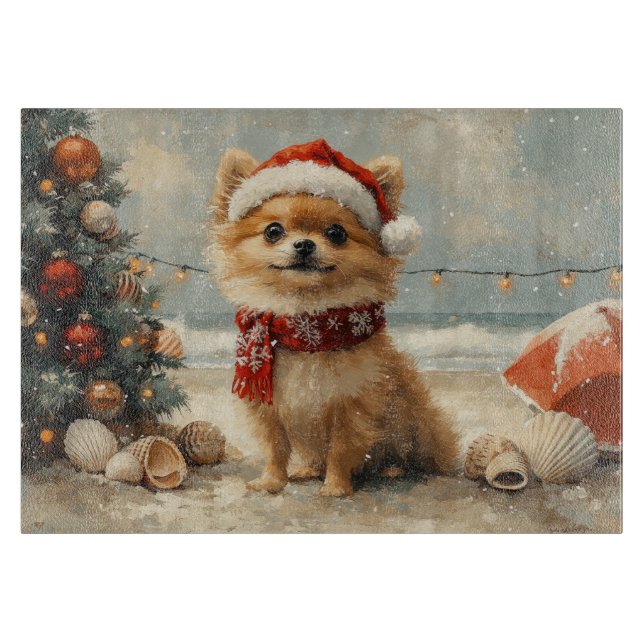 Planche À Découper Chien Poméranie Noël Vintage Plage (Devant)
