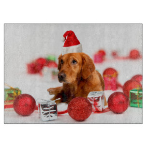 Planche À Découper Chien Retriever doré avec chapeau de Père Noël rou
