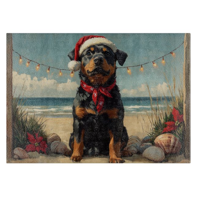 Planche À Découper Chien Rottweiler Noël Vintage Plage (Devant)