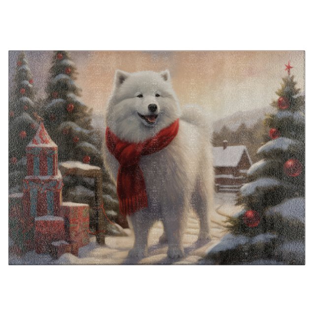 Planche À Découper Chien Samoyède dans la neige de Noël  (Devant)