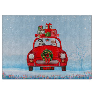 Planche À Découper Chien Sibérien Husky En Voiture Avec Le Père Noël